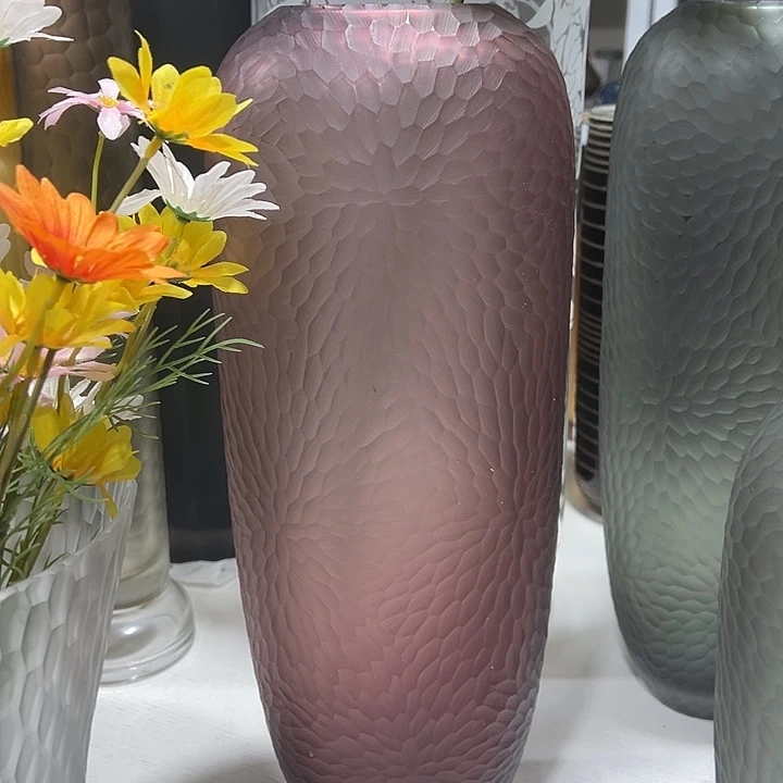 琉璃手工艺品紫色磨刻花瓶花器高42口7