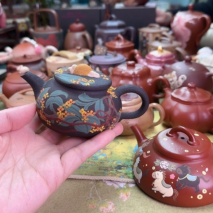茶壶紫砂花好月圆桂花壶