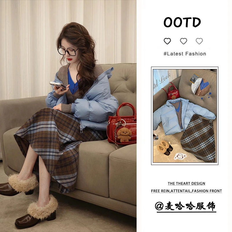 冬季一整套女装2024新款韩版立领短款棉服假两件针织衫半身裙套装