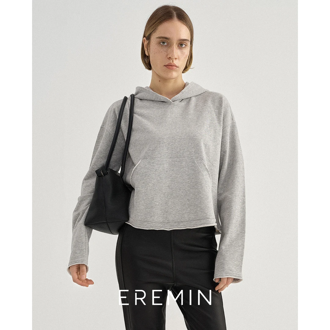 DE Mincollection毛边卫衣/编织毛圈舒适棉短款休闲连帽卫衣40026