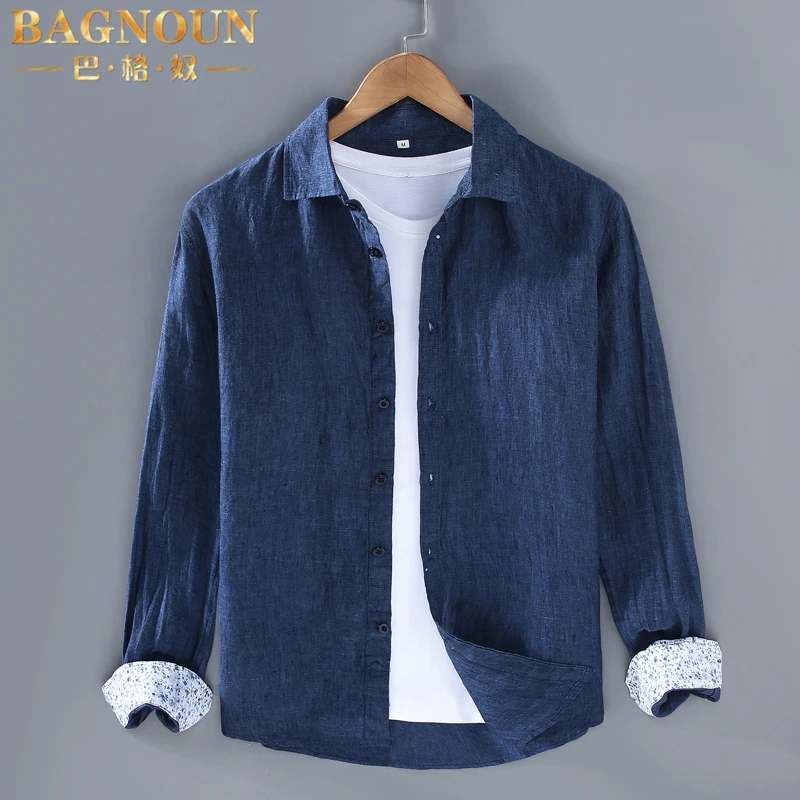 巴格奴纯亚麻长袖衬衫男士春夏新款时尚高端色织面料透气大码衬衣