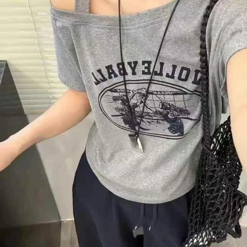 【亏本清仓不退换】2025上衣斜肩小心机夏季韩版印花短袖T恤女