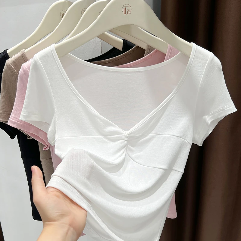 夏季爆款白色V领扭结低胸短袖T恤女设计感打底衫上衣百搭短款内搭