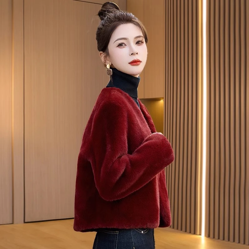 2025新年小香风皮毛一体外套女秋冬网红贵夫人洋气质红色贵气大衣