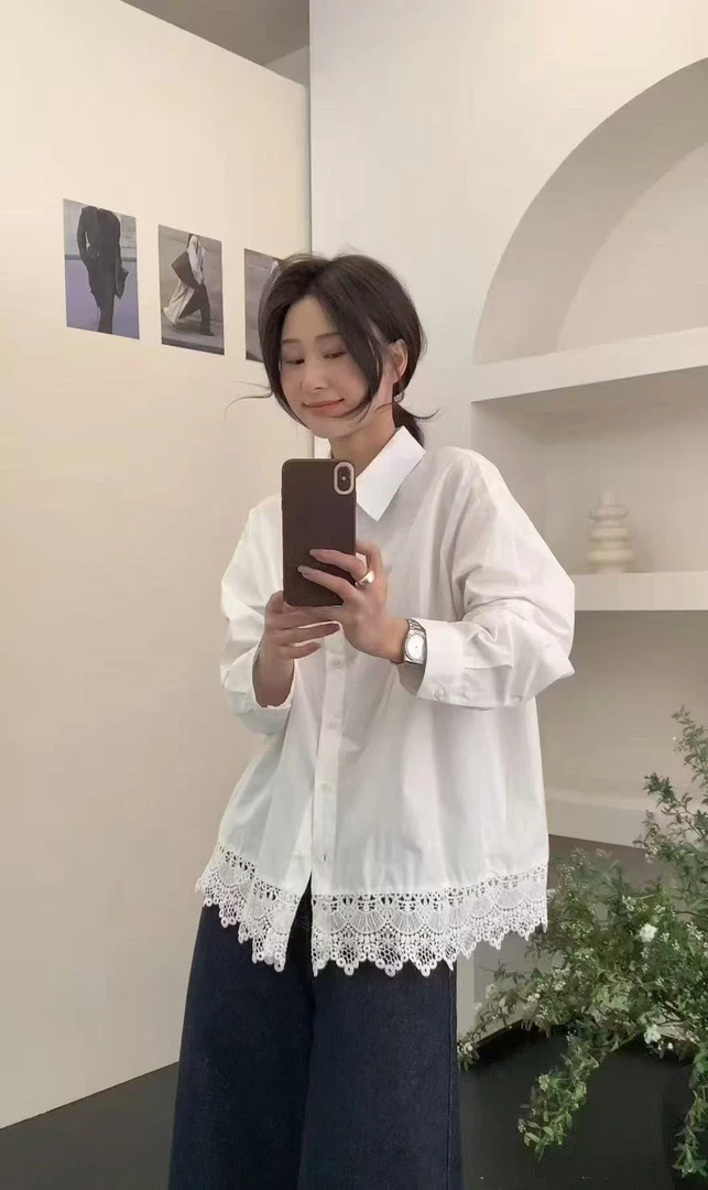 【25629】女#蕾丝拼接时尚翻领衬衫上衣