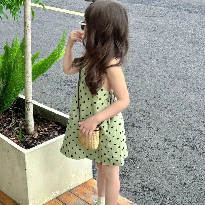 抹茶啵啵！2025夏季女童绿色波点吊带裙连衣裙子