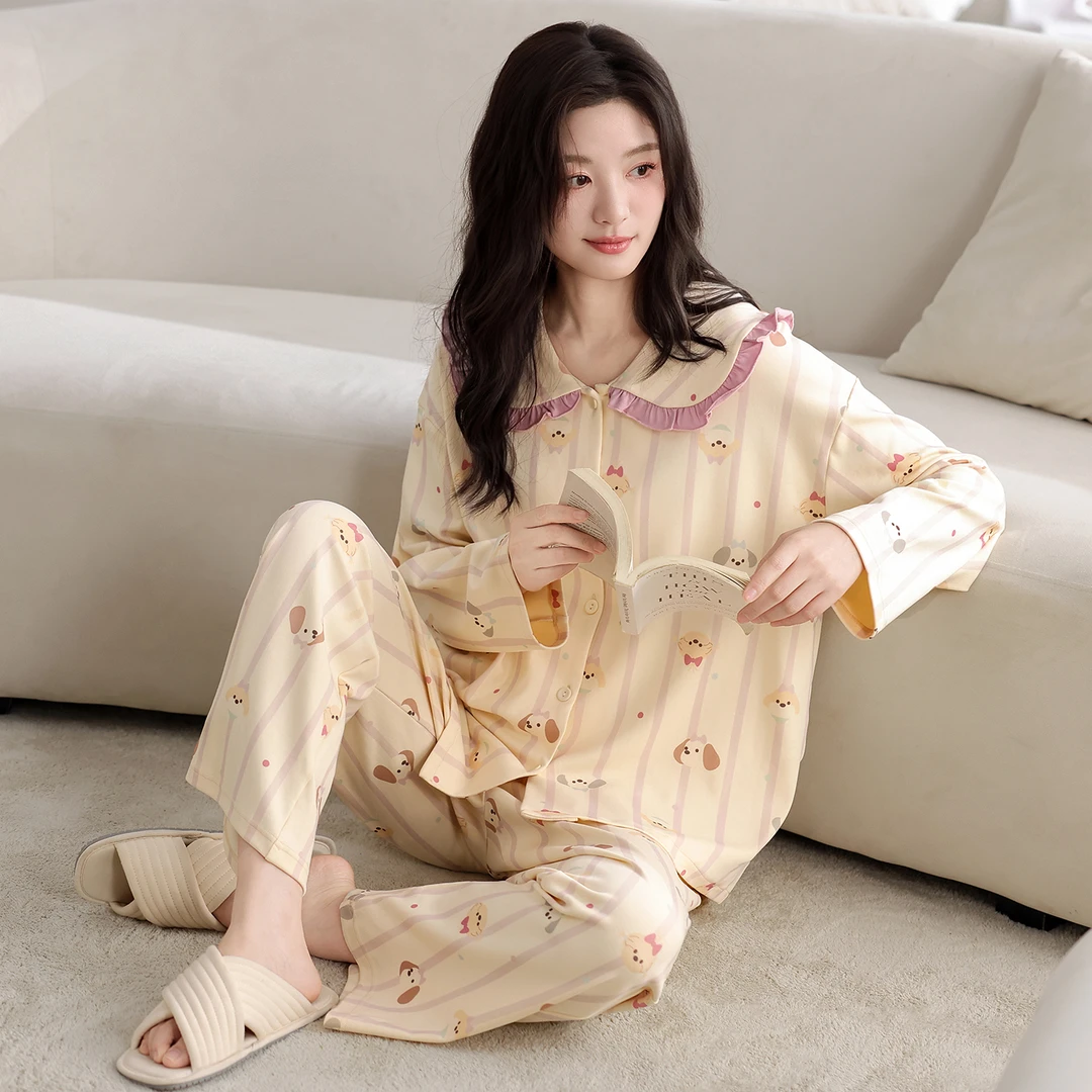 100%纯棉家居服不起球睡衣女士娃娃领秋季对襟长袖长裤韩版女卡通