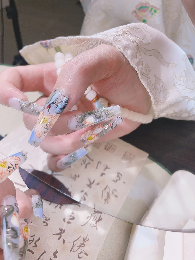 【鹤影浮香】指画阁  粉墨色 书香典雅 纯手绘新中式穿戴甲