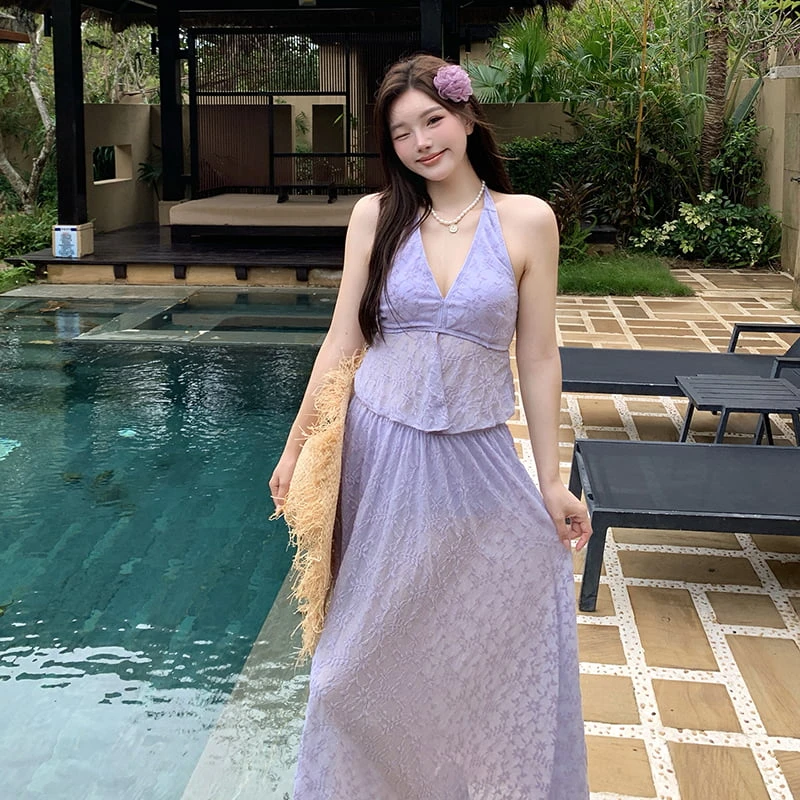 多巴胺绝美泳衣女分体比基尼三件套长裙沙滩海岛度假大码胖mm遮肉