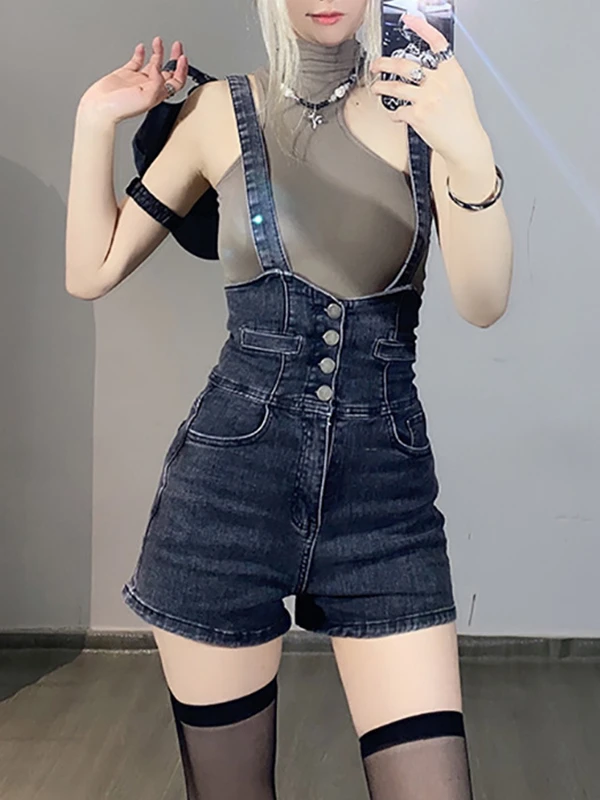 美式复古辣妹牛仔背带短裤女夏季新款修身显瘦高腰炸街百搭热裤子