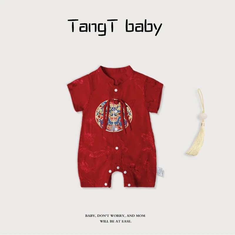 婴儿夏季薄款哈衣宝宝装满月百天礼服中国风连体衣超萌爬爬衣服