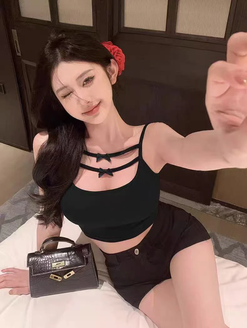 米欧家蝴蝶结吊带背心一体带胸垫外穿内搭修身显瘦上衣夏