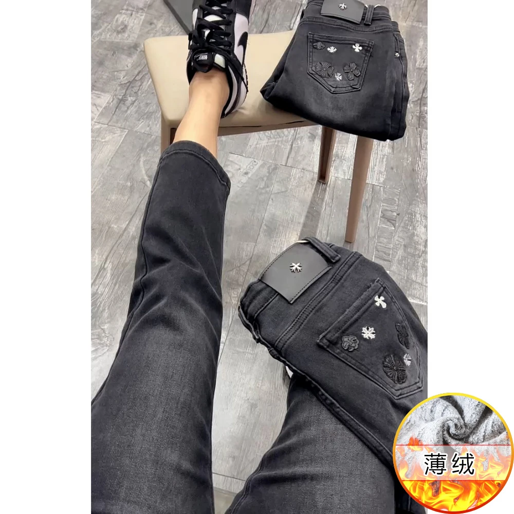 秋冬新款弹力加绒大码黑灰色直筒牛仔裤女高腰窄版显瘦九分烟管裤