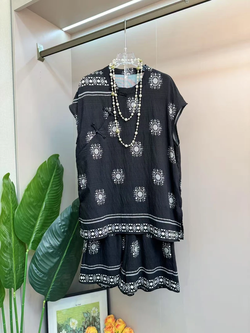 芃25006夏季新大码波西米亚风民族度假风胖MM显瘦上衣加短裤套装