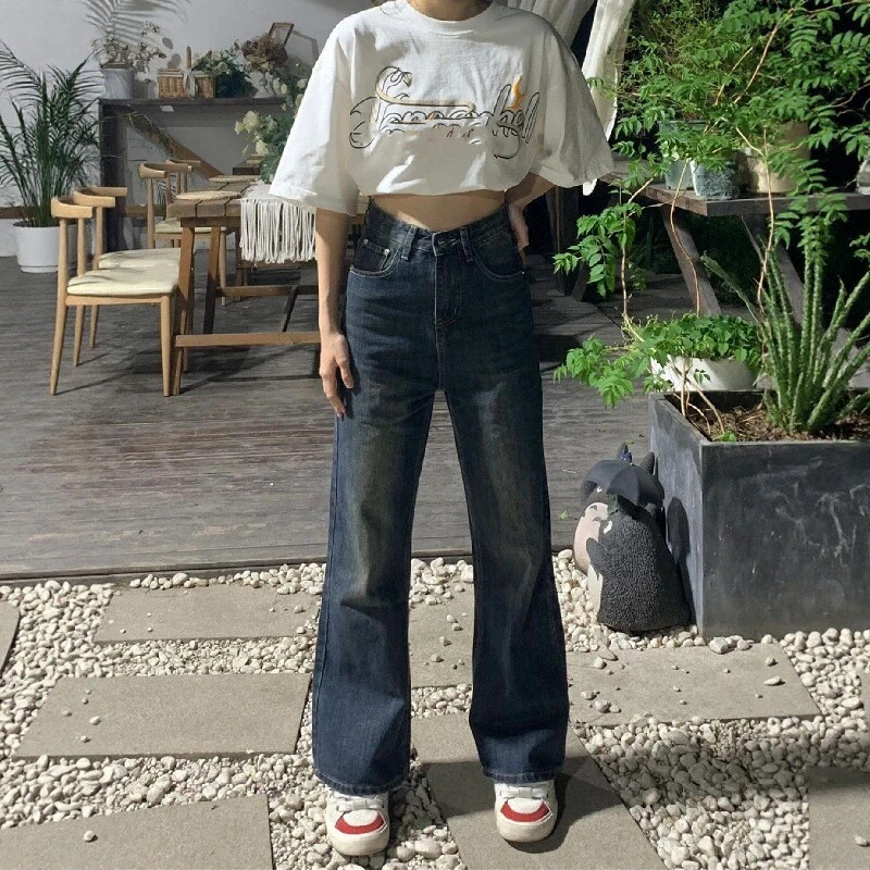 秋季新款复古蓝微喇牛仔裤女大码胖mm小个子高腰宽松显瘦喇叭长裤
