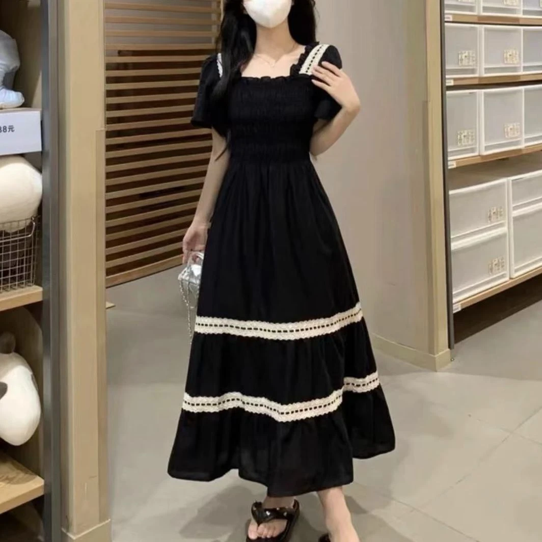 （三火家）大码胖mm法式方领拼色连衣裙赫本风收腰显瘦黑色长裙7460