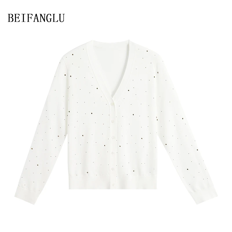 北方鹿 夏季新款波点V领针织开衫百搭气质时尚长袖上衣女士W9319