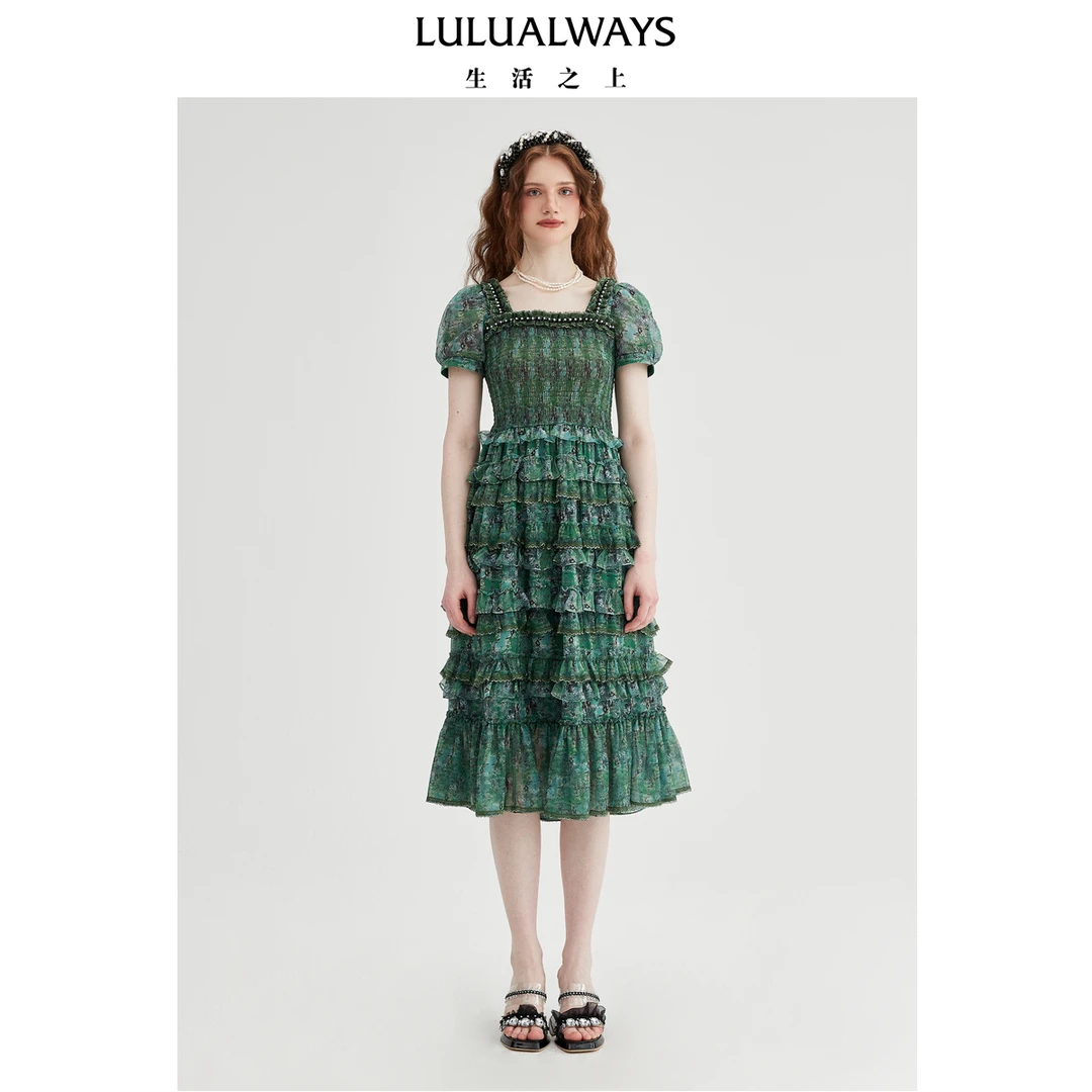 LULUALWAYS【商场同款】25夏季新款经典复古绿提花女神蛋糕连衣裙