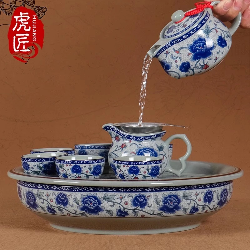 虎匠中式复古青花陶瓷潮汕功夫茶具家用圆茶盘套装