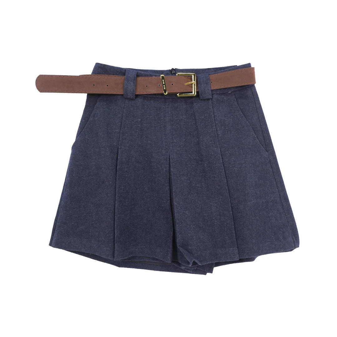 S 设计感裙裤复古百褶高腰A字阔腿短裤X27783（赠腰带）