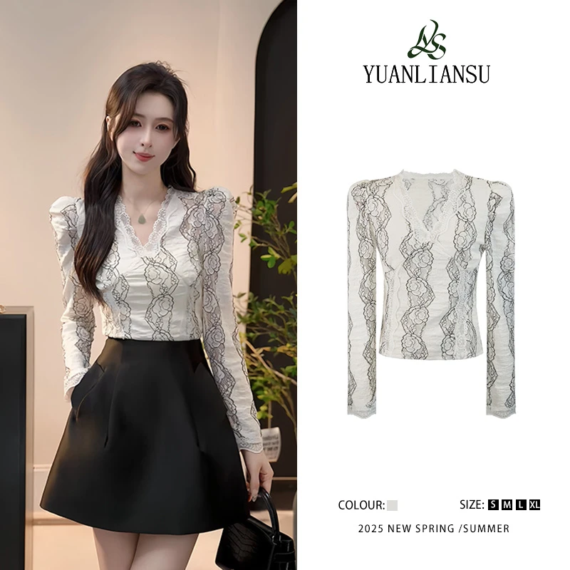 YUANLIANSU/圆脸酥【梦色幻想】2025法式复古V领镂空蕾丝碎花衬衫女