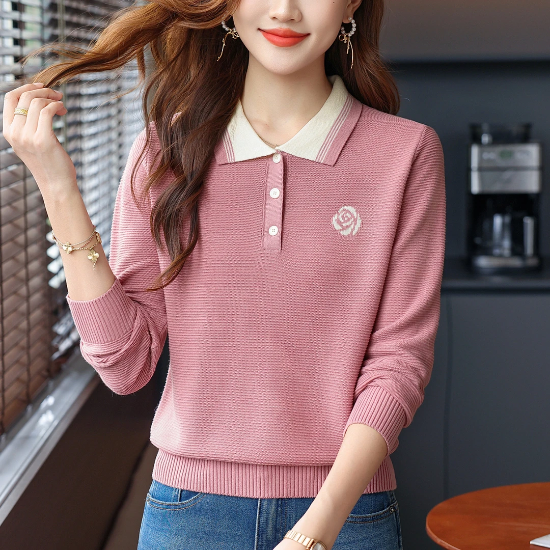 漂亮减龄毛衣女秋冬内搭撞色翻领上衣短款内搭娃娃领打底衫高级感