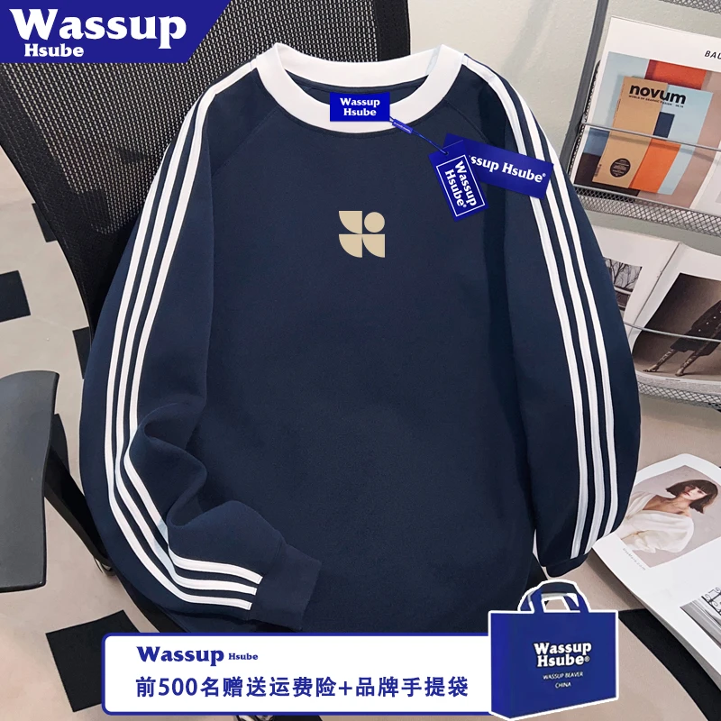 WASSUP HSUBE秋冬100%纯棉美式三条杠藏青色T恤简约创意印花男女