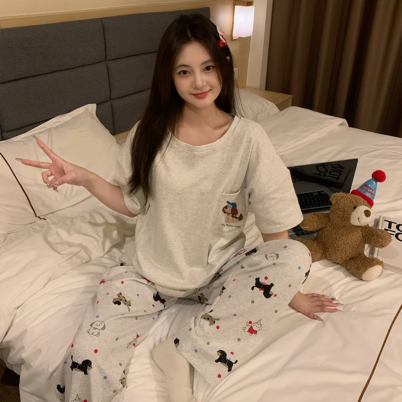 2025新款夏季短袖长裤睡衣女两件套装纯棉薄款休闲家居服夏天宽松