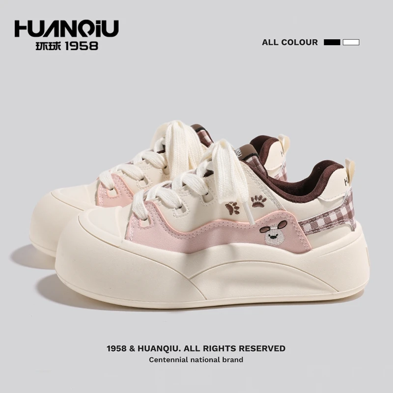 环球爆款冬季格纹拼接甜妹风百搭休闲鞋可爱小狗刺绣厚底大头鞋