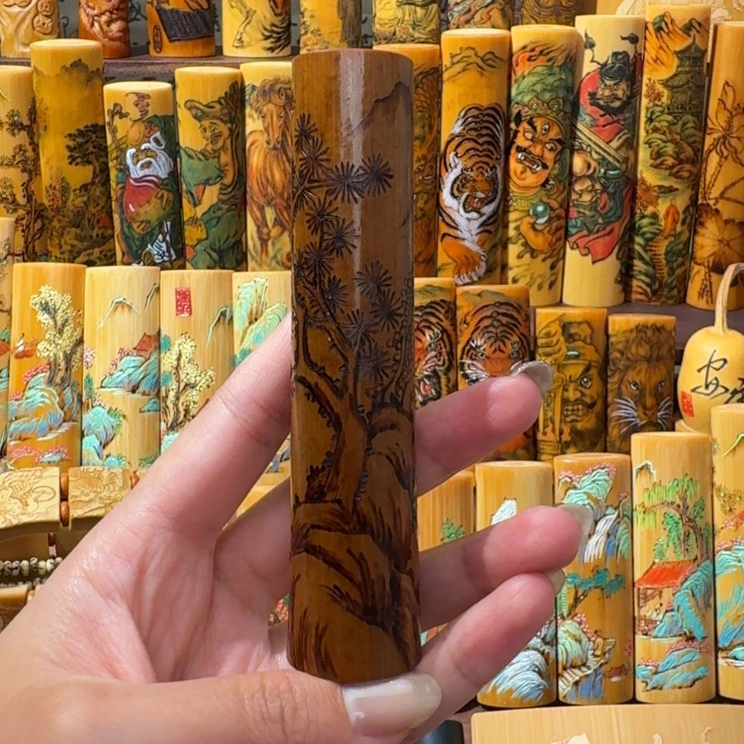 竹火刻山水精雕老红皮