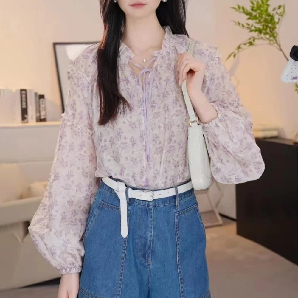 【GIRID AMSS】夏季宽松樱花粉木耳边印花俩件套长袖衬衫上衣