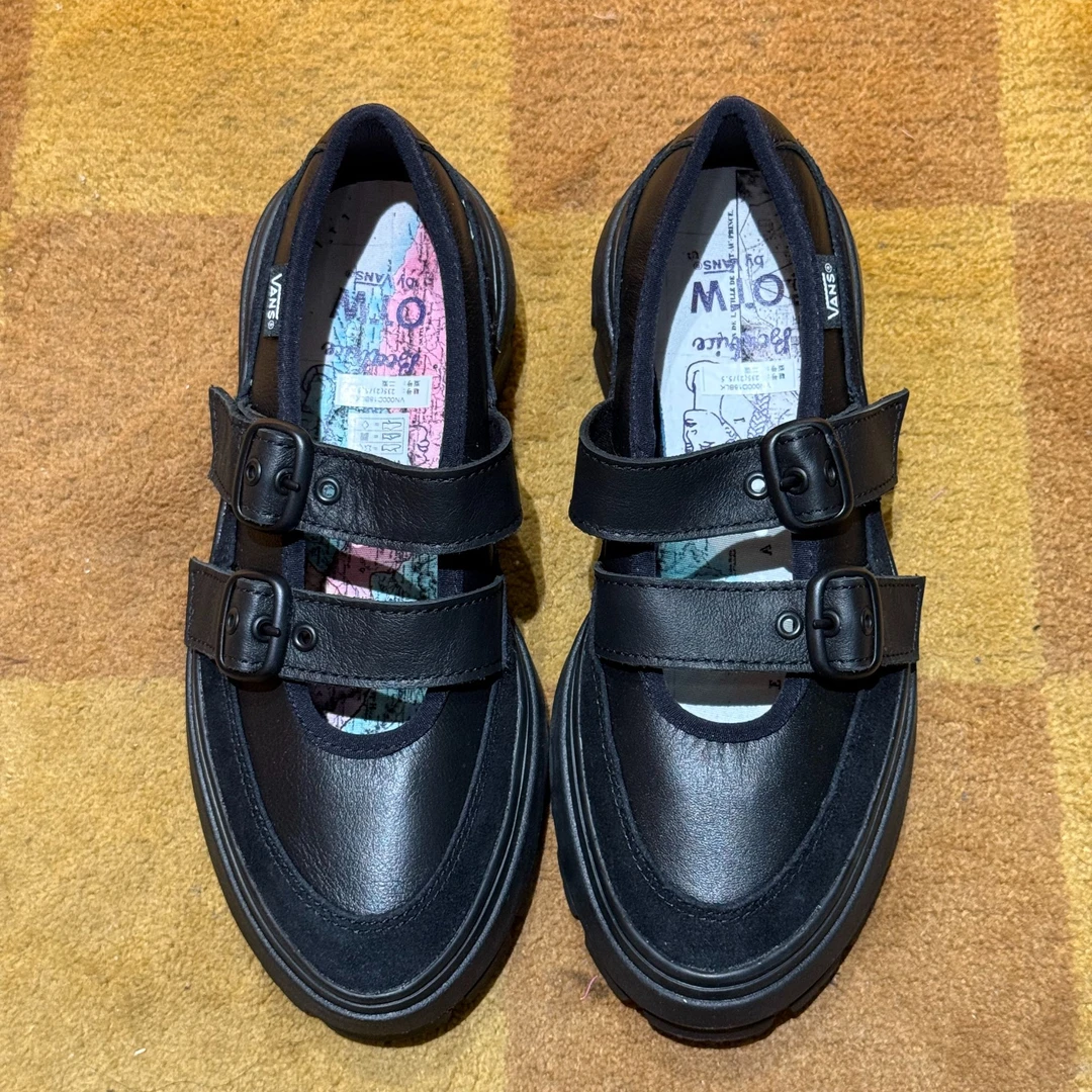 VANS气质高跟女黑色春新款粗跟小皮鞋浅口法式玛丽珍VN000D18BLK
