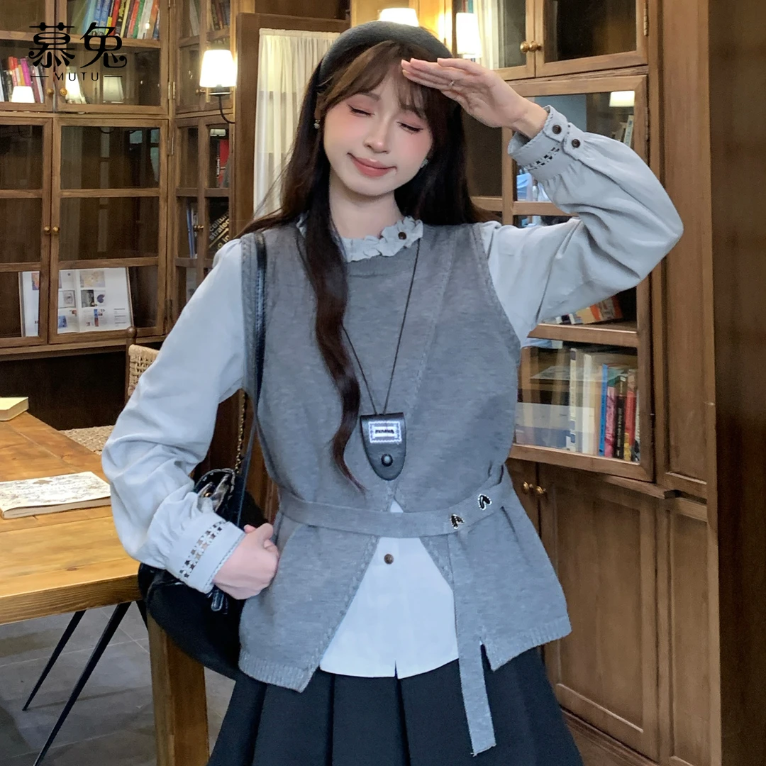 慕兔法式气质木耳边长袖衬衫女2025秋季新款针织马甲背心两件套装