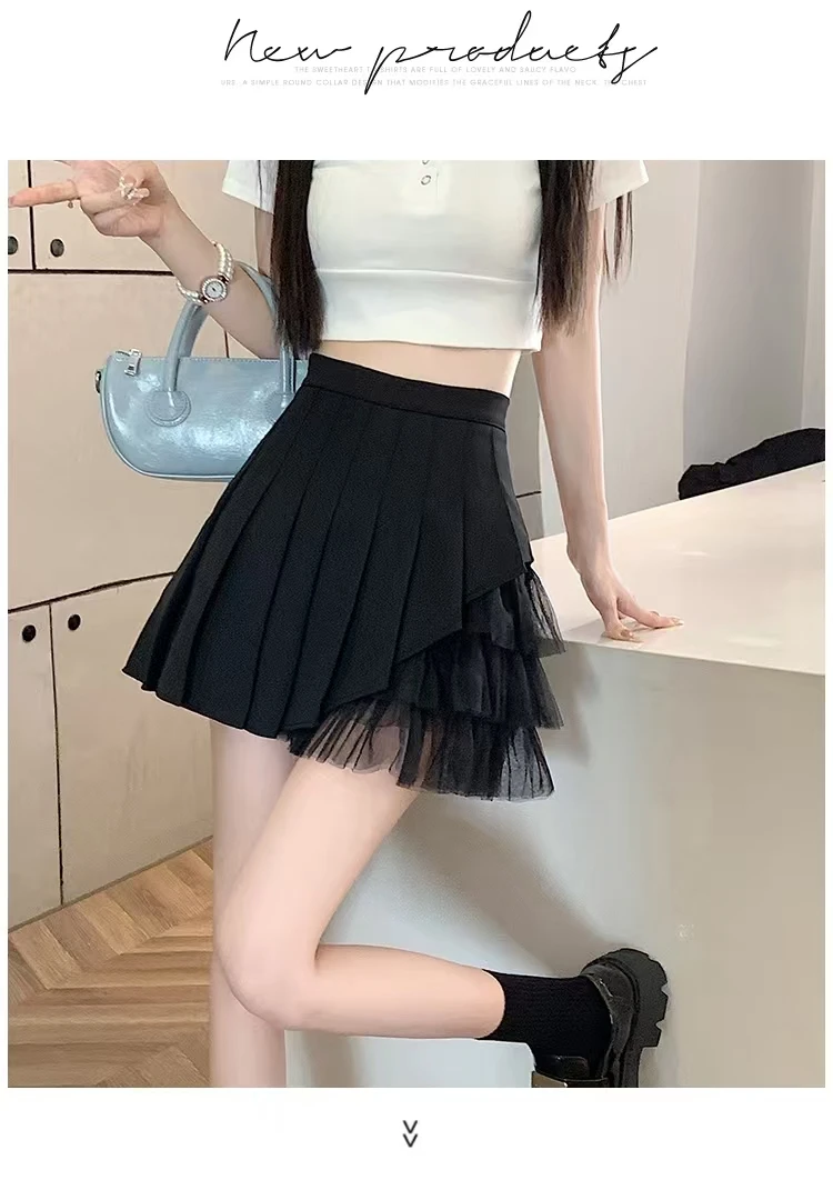不规则网纱拼接百褶裙胖妹妹女春夏2025新款高腰显瘦时尚a字短裙