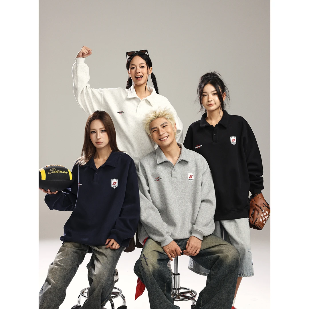 MANYSTON美式420g重磅polo领套头卫衣男款春秋季休闲宽松情侣外套