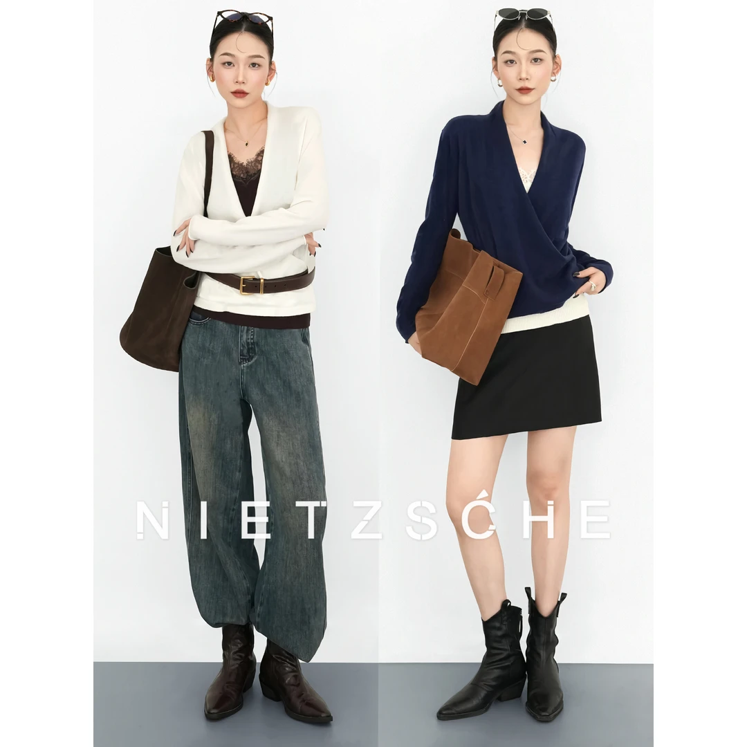 Nietzsche｜小心机｜设计感交叉V领羊绒衫 静奢风套头内搭毛衣25239