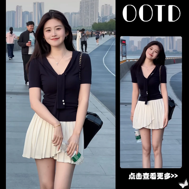 夏季流行穿搭一整套女2025新款掐腰显瘦短袖上衣不规则短裙两件套