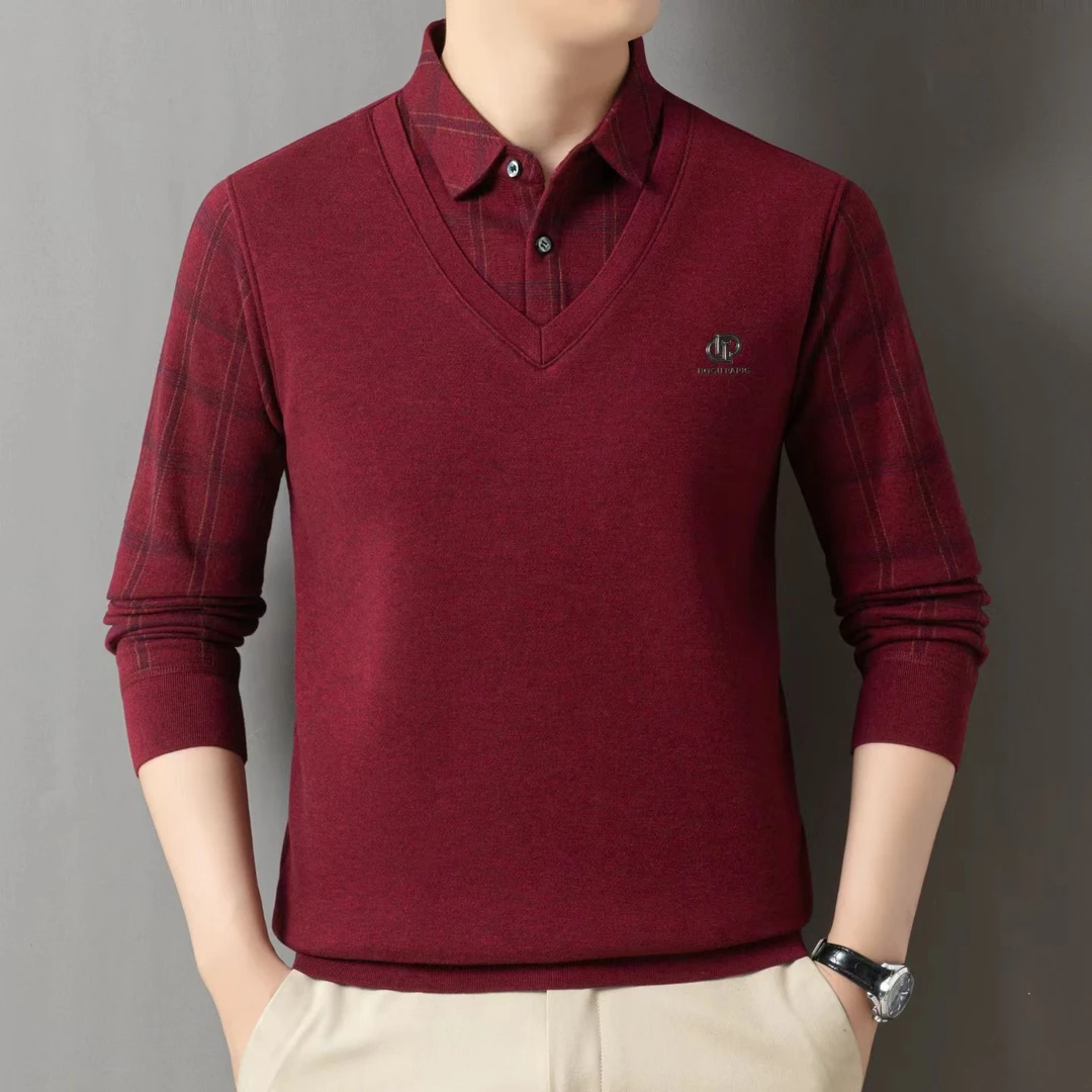 秋季宽松男士翻领毛衣春秋假两件针织衫保暖长袖冬季