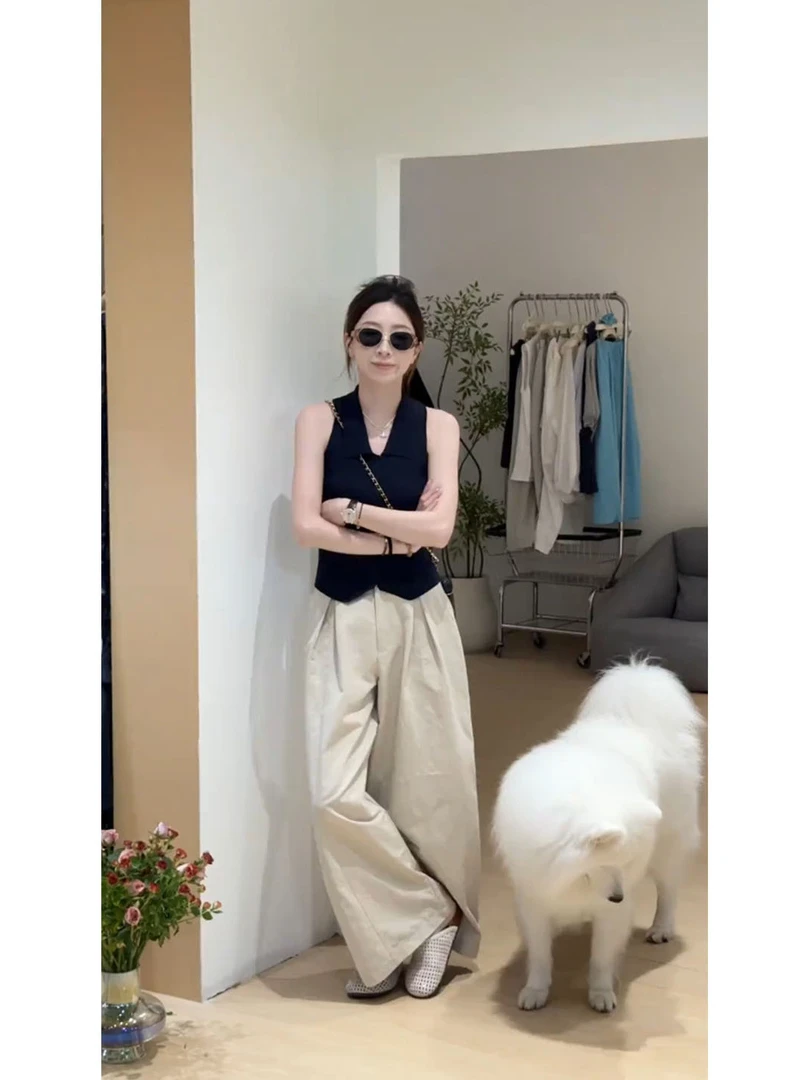 时尚休闲气质修身显瘦无袖polo领背心杏色休闲裤套装2025夏季新款