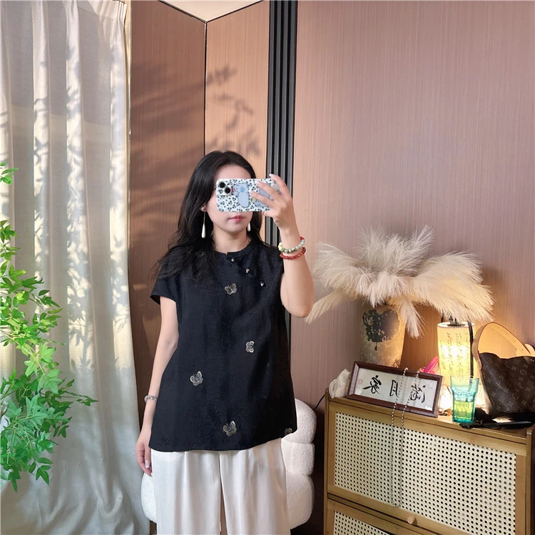 『蝴蝶龟裂纹』百分丝无袖上衣新中式国风奥黛短袖短款上衣