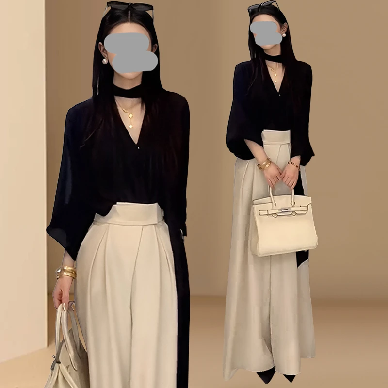 韩系高级感休闲套装女2025春秋新款飘带衬衫垂感阔腿裤两件套女装