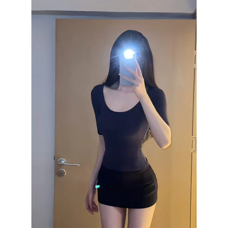 圆领短袖简约纯欲风T恤上衣百搭显瘦性感包臀短裙夏季新款套装女