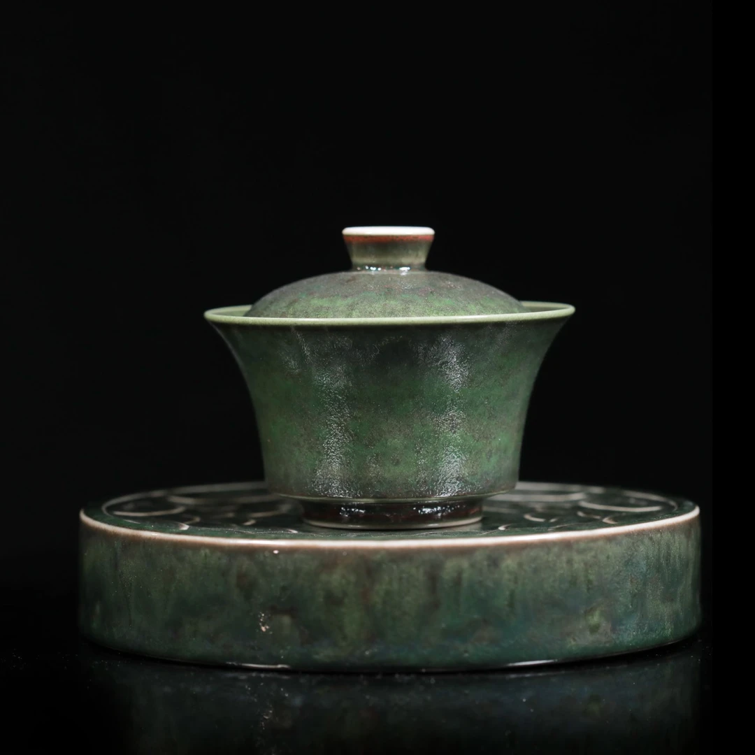 【晚晚精选】081柴房孔雀翎盖碗套组 柴烧特性每只不同