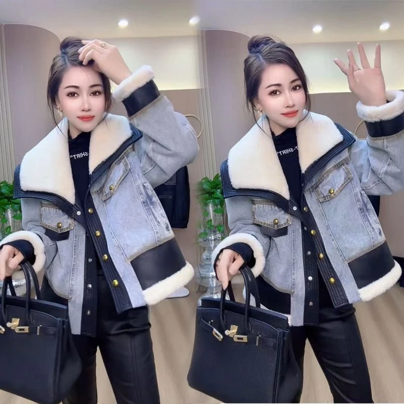 2024冬季新款韩版休闲加棉加厚牛仔外套女棉服宽松大翻领保暖棉衣