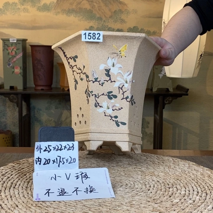 花盆紫砂  微微瑕芝麻段手绘六方1582