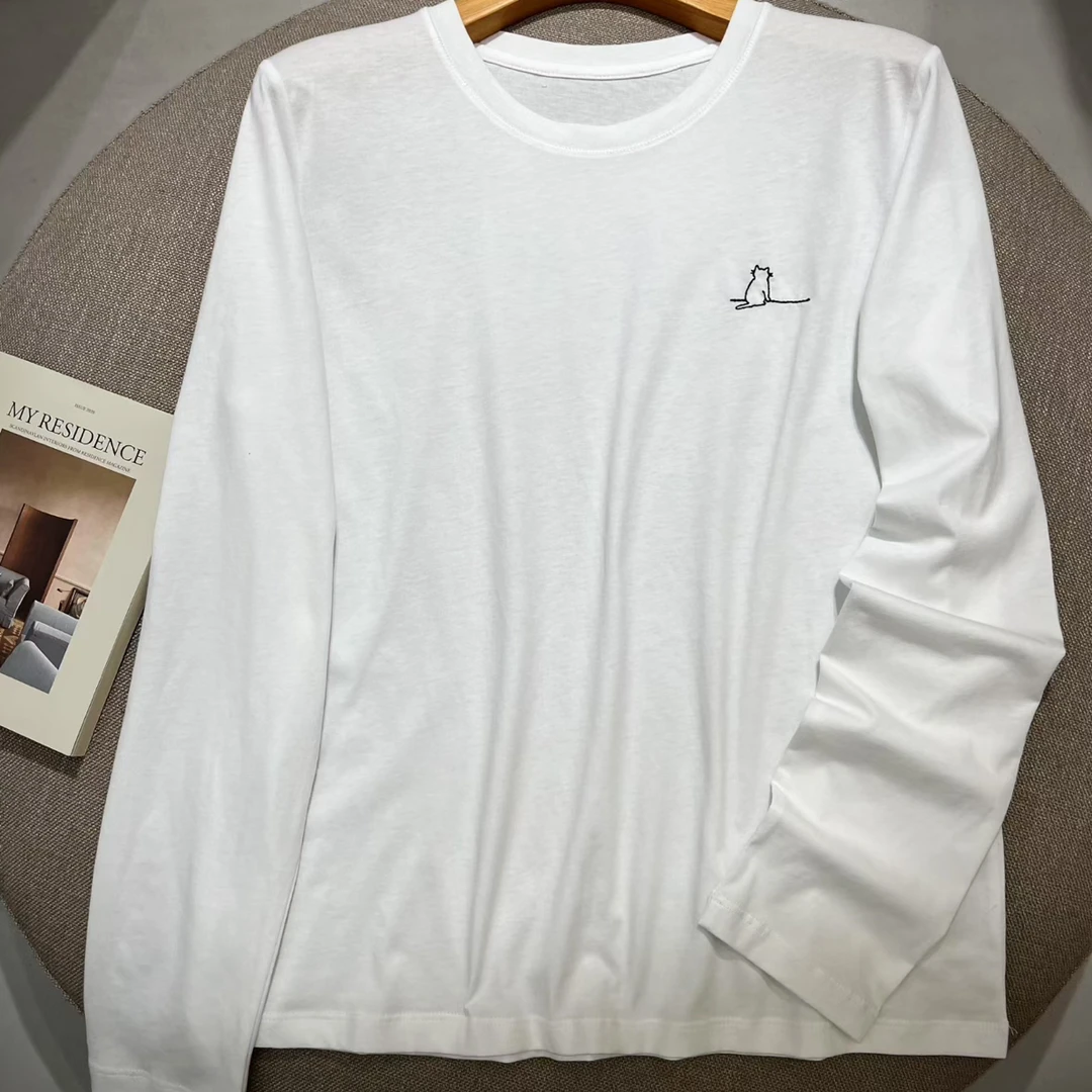 圆领长袖男友风纯棉长袖正肩T恤白色打底衫印花秋季针织1001