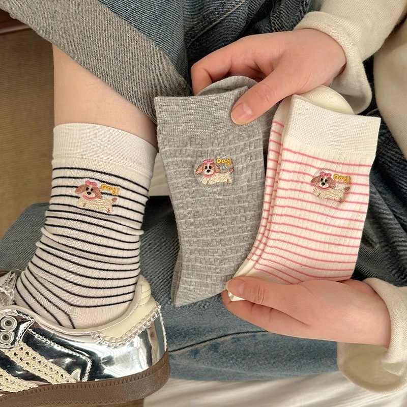 韩版条纹袜子女卡通中筒袜春秋夏季薄款可爱狗狗刺绣堆堆长袜子