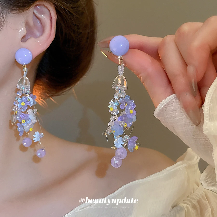 钛钢玻璃耳饰 银针紫色玻璃花朵流苏耳环甜美海边度假风气质耳坠