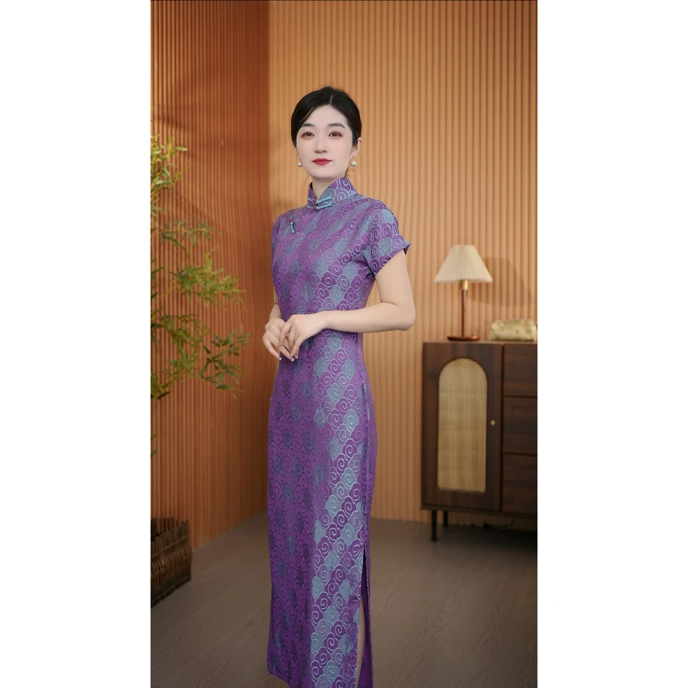 【紫云】全开襟衣长128夏季新款古法短袖长款高档旗袍