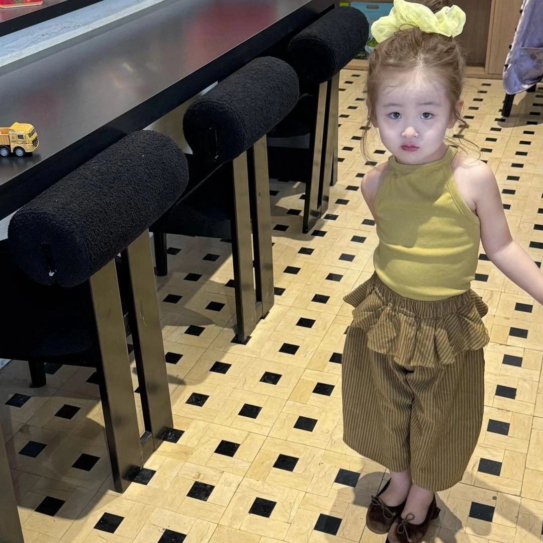 女童夏季新款套装2025韩版童装黄色挂脖小背心屁帘洋气阔腿裤套装